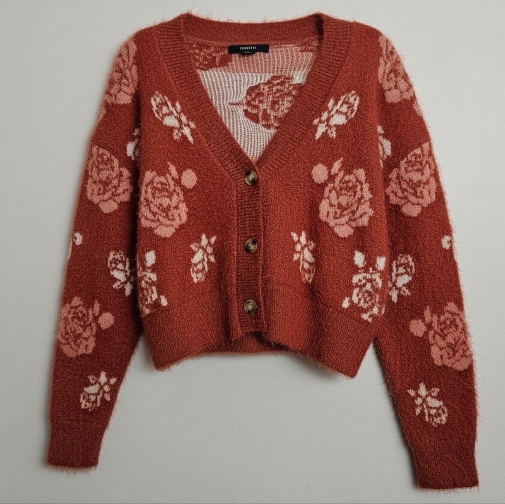 Forever 21 Terracotta Floral Fuzzy Crop Cardigan Size M Button Front Cottagecore
